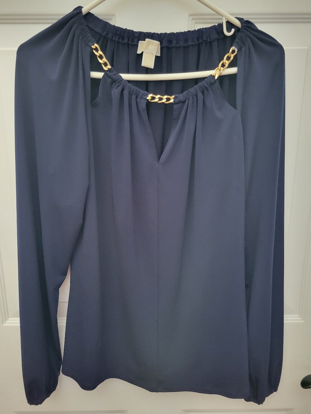 Michael Kors Navy Blue Long Sleeve Blouse with Gold Chain Detail